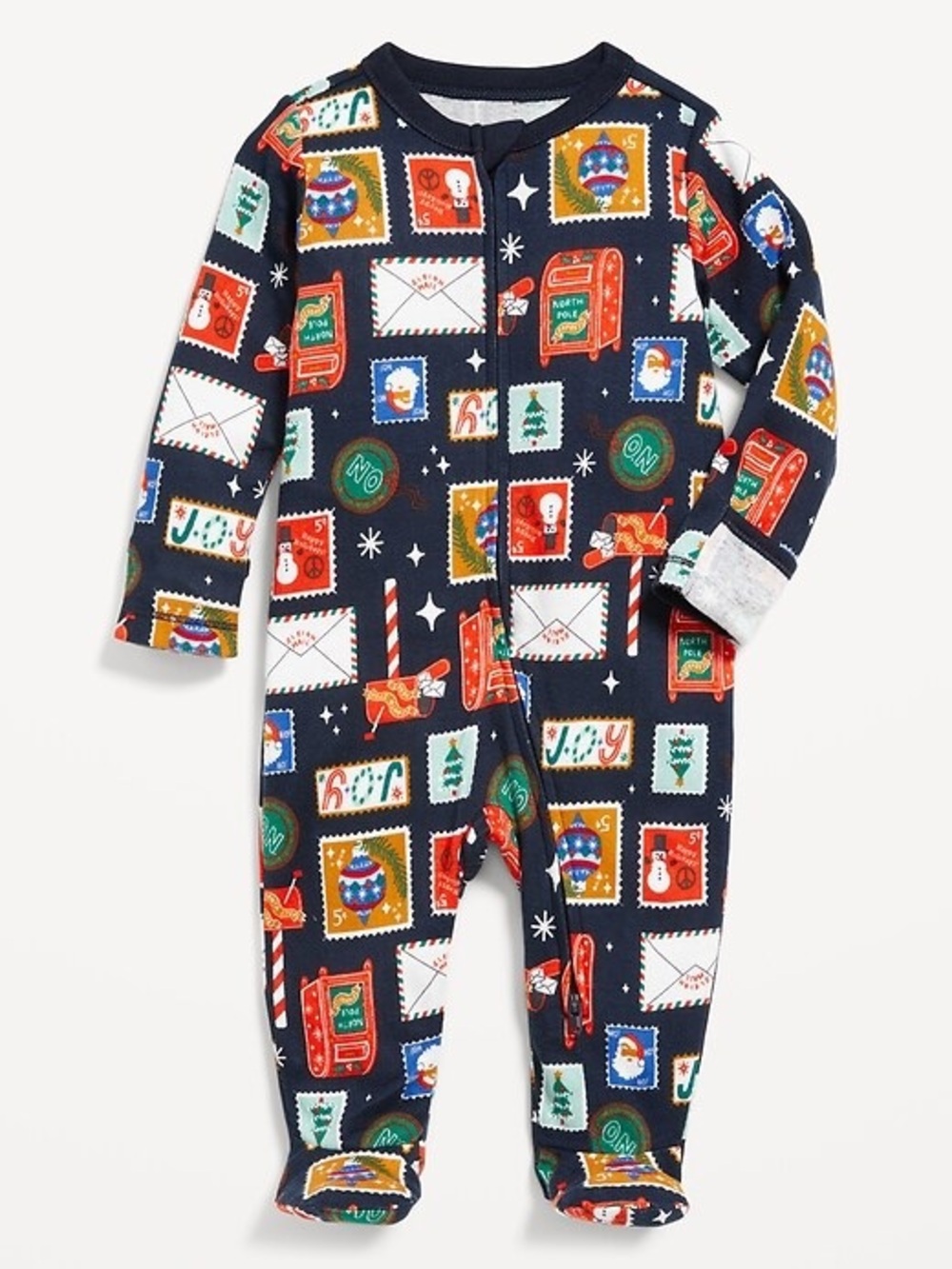 Old Navy 6-9M Baby Christmas Postage Stamp Sleep & Play 2-Way-Zip Footed Pajamas